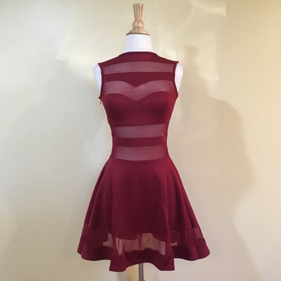 ๐ฅ SALE Sheer Mesh Peekaboo Sleeveless Skater Dress Burgundy - Picture 3 of 4